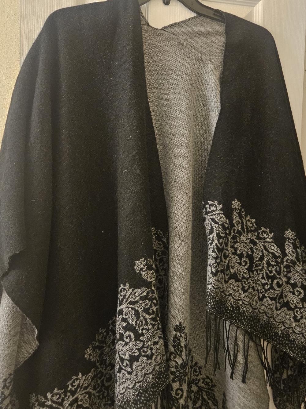Black Grey Versatile Floral-Trim Open Shawl Poncho Cape with Boho Hippie Fringe